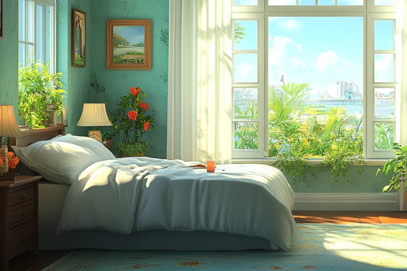 A calm, sunlit bedroom